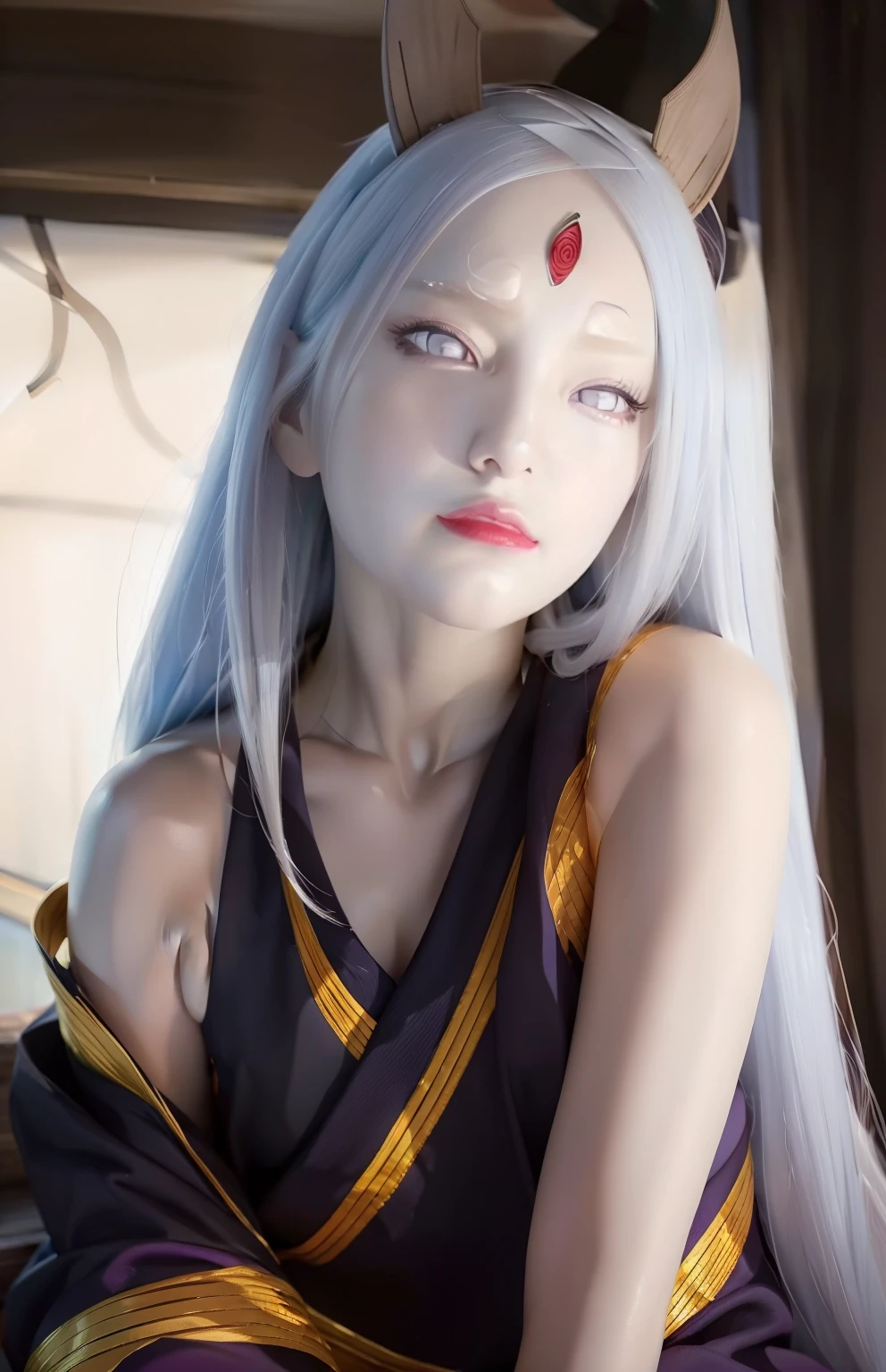 Kaguya otsutsuki. A woman was sitting in a room. She was seen wearing a black kimono. Purple. With a gold line. Yang wisdom. She looks like she has silver hair. Straight up. Unraveling. Very long. And not tied. He also has a pair of brown horns. His skin was so pale white. He looked into the camera. So pretty. Tempting. And realistic.