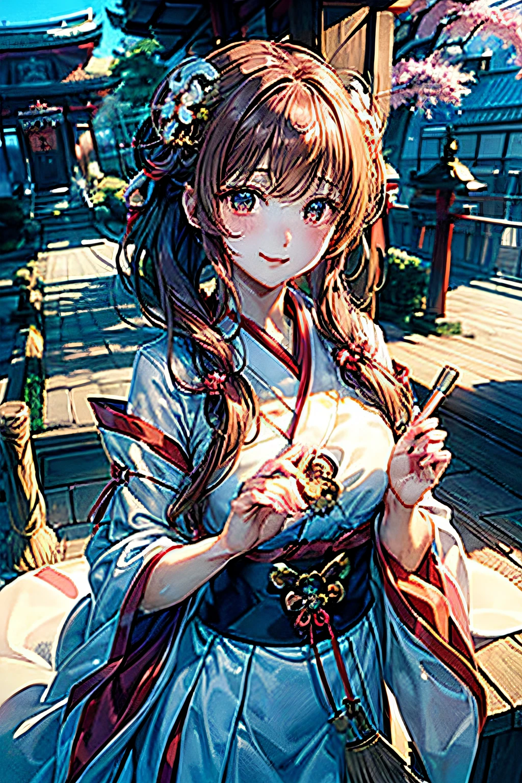 (masterpiece、top-quality、ultra-detailliert、rays of sunshine、电影灯光)、(Japan Anime Cosplay、)、(Famous idol girls of Japan、)、(goddess of Japan、shrine maiden、white miko costume、Red Hakama、)、(dishevled hair、short hair of red-brown color、poneyTail、Cherry Blossom Hair Ornament、hair pin、)、Holding a broom、Look at viewers、A beautiful face that captivates the viewer、(Background of the precincts、)、Stand on the ground of pebbles、Floating hair、bending forward、large full breasts、Beautiful breast slip、Shiny skin、the wind、beautifull hands、Beautiful Finger、An elaborate masterpiece、Intricate details、A detailed face、detailed hairs、Detailed red mouth、Detailed red cheeks、Smile of shame、