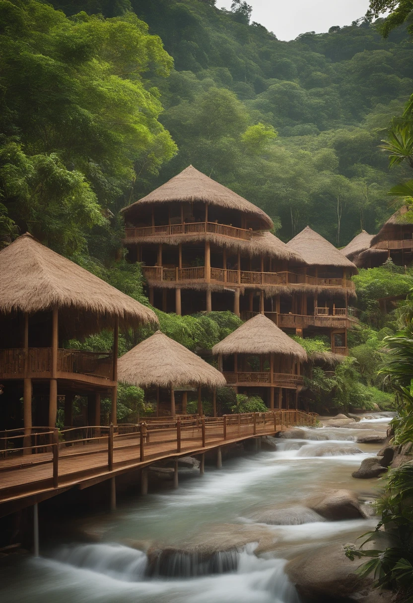 Resorts in Thailand with all cycles Both raw clay brick houses with grass roofs, activity zones, water parks and parks, and 2 cute train trains, a big waterfall seen from the entrance and around the resort is forest, oxygen production, a village, a total land of 1000 rai.