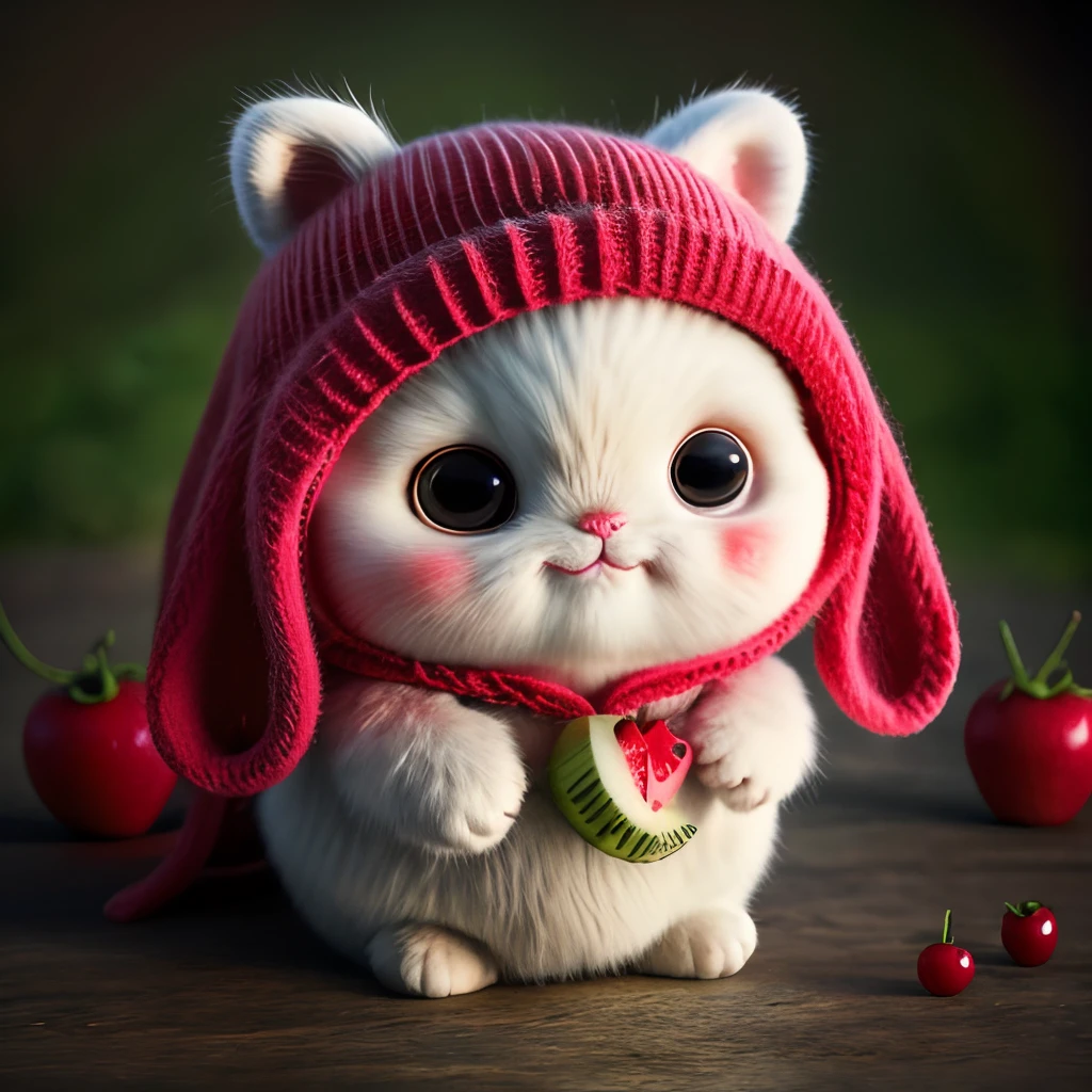 : 3. cat, chubby, realistic, hairy, clothed animal, apple, dark circles, blush, cherry, food, fruit, full body, hat, non-human, strawberry, tomato, watermelon