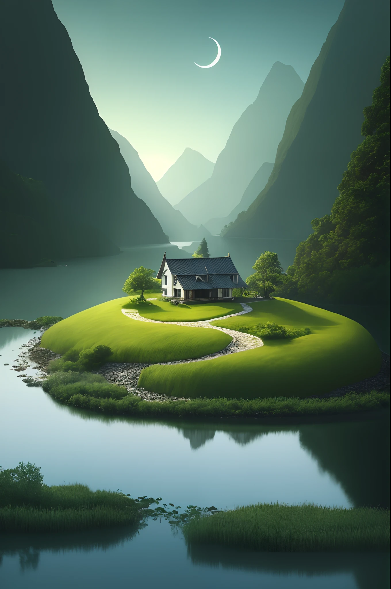 Painting a house on an island in the valley, suns，Beautiful digital artwork, peaceful landscape, author：Yu Zheding, amazing wallpapers, in a serene landscape, beautiful digital art, beautiful 3d render, author：Wang Yi, Very Beautiful Digital Art, serene illustration, Wallpaper phone, 4k highly detailed digital art, author：Xia Yong, hq 4k phone wallpaper