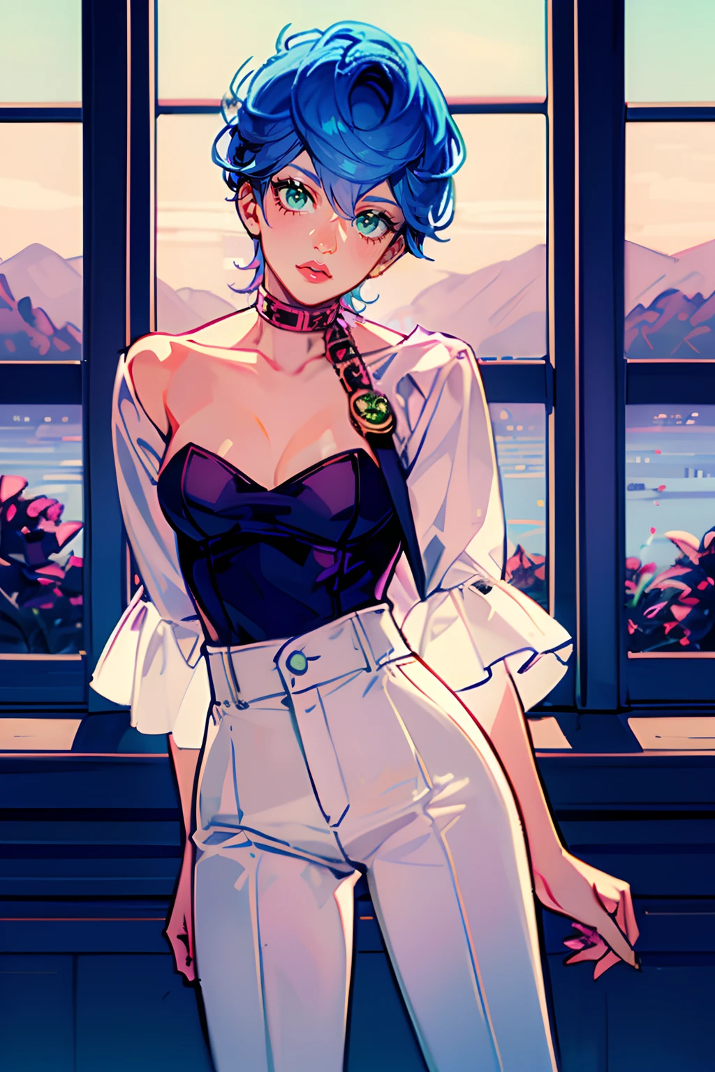 trish una, trishuna, trishjojo, (blue hair), blue lipstick, green eyes, full lips, white shirt, black pants, solo, 1girl, medium breasts