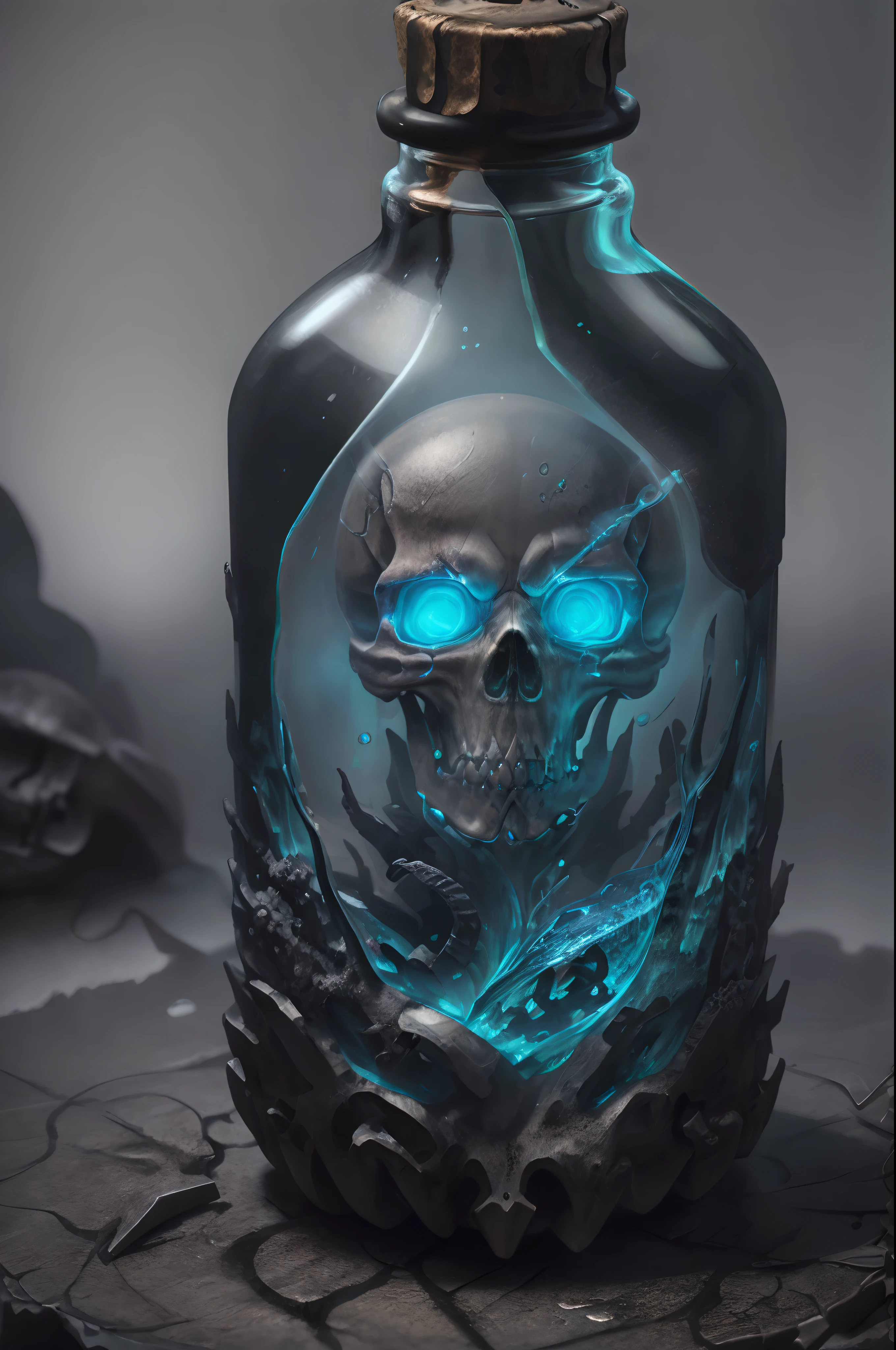 skull bottle with gift label,art,fantasy art,illustration,dark theme,glass material,glowing elements,detailed artwork,high-resolution,3D rendering,vivid colors,dark lighting,haunting atmosphere,mysterious ambiance