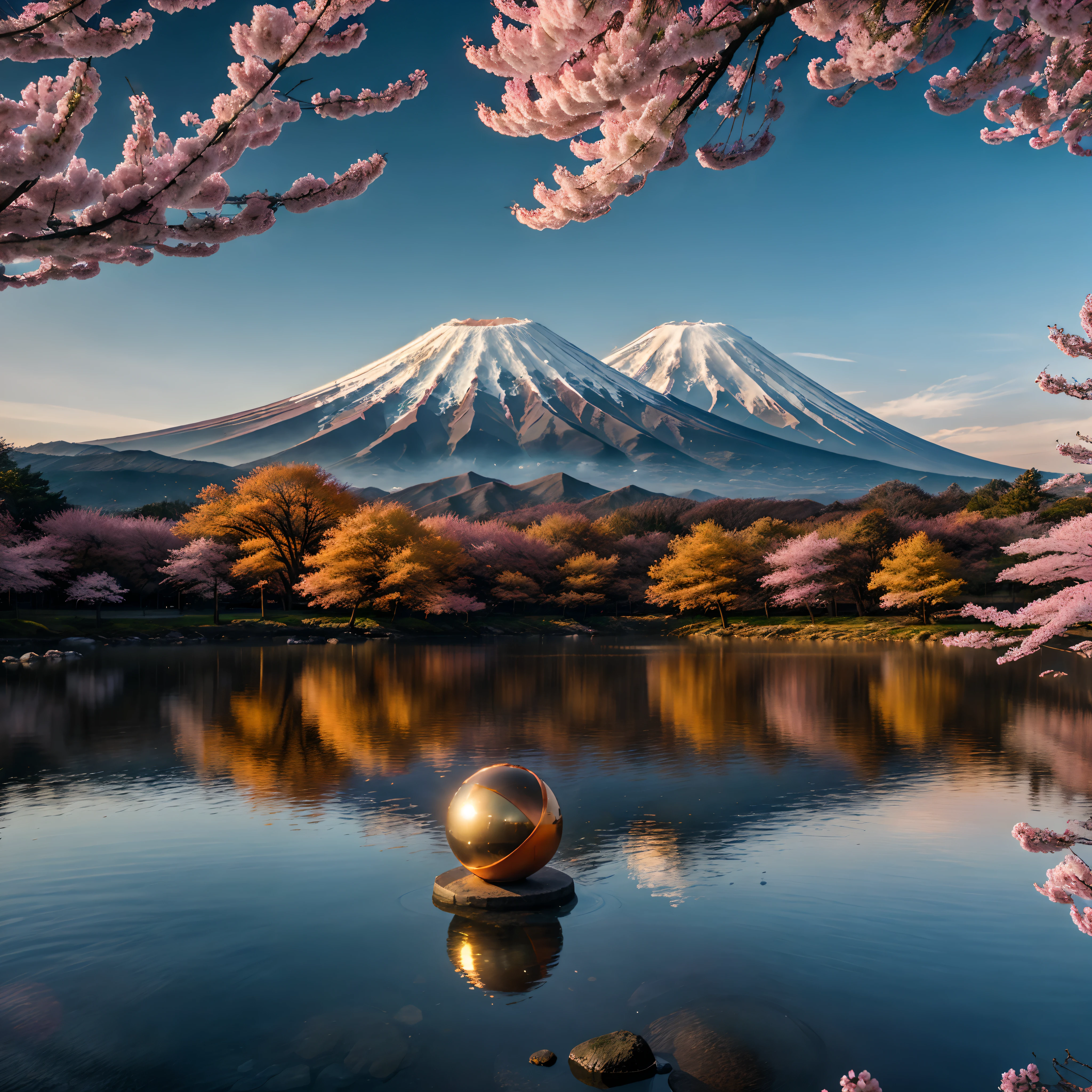 metal sphere at the center of a japanese scenery, mount fuji in the background, cherry blossoms, photorealistic, best quality,4k,8k,highres,masterpiece:1.2,ultra-detailed,realistic:1.37, sharp focus,soft atmospheric lighting,yellow-orange color tone,subtle mist effect.