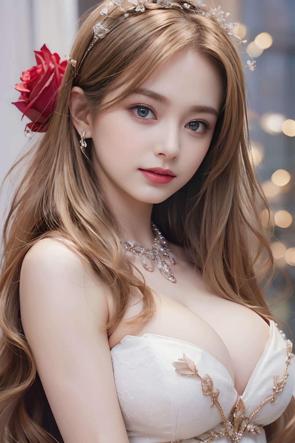 ((1 Young and beautiful girl:1.2)), cute little, (8K, Raw photography, top-quality, masterpiece:1.2), high-definition RAW color photography, professional photograpy, ciinematic light, (masuter piece:1.5), (top-quality:1.2), (ssmile:1.2), (cleavage of the breast:1.2), Slender beautiful girl, blue eyess, Sexy and cool, with floral pattern, opened breast, bare shoulders, pubick hair, (cameltoe details), Pleasure, feels good, Opening Mouth, roses, florals,