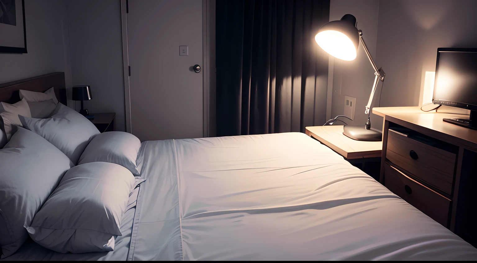 Single room Bedside Night Midnight No lights on Gray Cinematic Computer on desk Low chroma cool