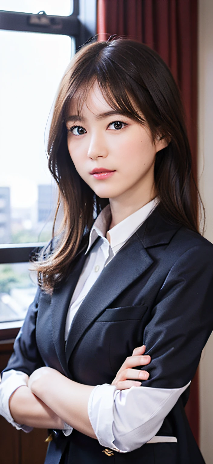 女の子1人、独奏、Parting lips、Officelady、Business suits、sky line、school classrooms、With your arms crossed behind your head、looking at viewert、