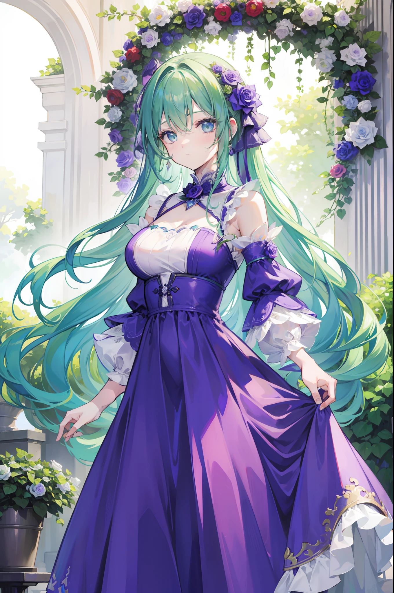 1 girl in、green colored hair、Longhaire、fluffy hair、Light blue eyes、Delicate eyes、a beauty girl、Purple Dress、Long dress with fine décor、Beautiful purple long dress、Rose Garden Background、rose garden、dame