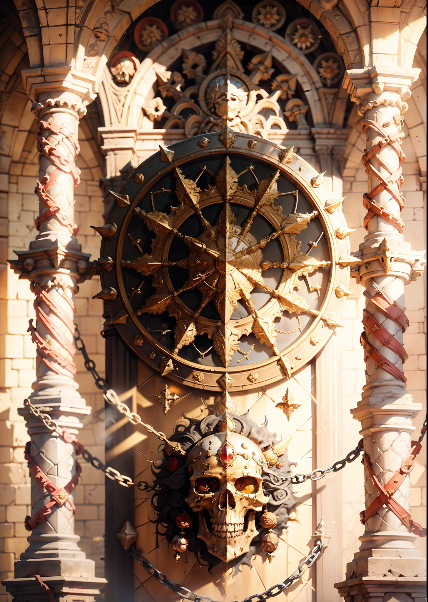Golden skull,Sun head ring,Ruby decoration,Entangled in chains,On golden stone pillars,holy sacred light rays,Death and blood,The frescoes of the church are general