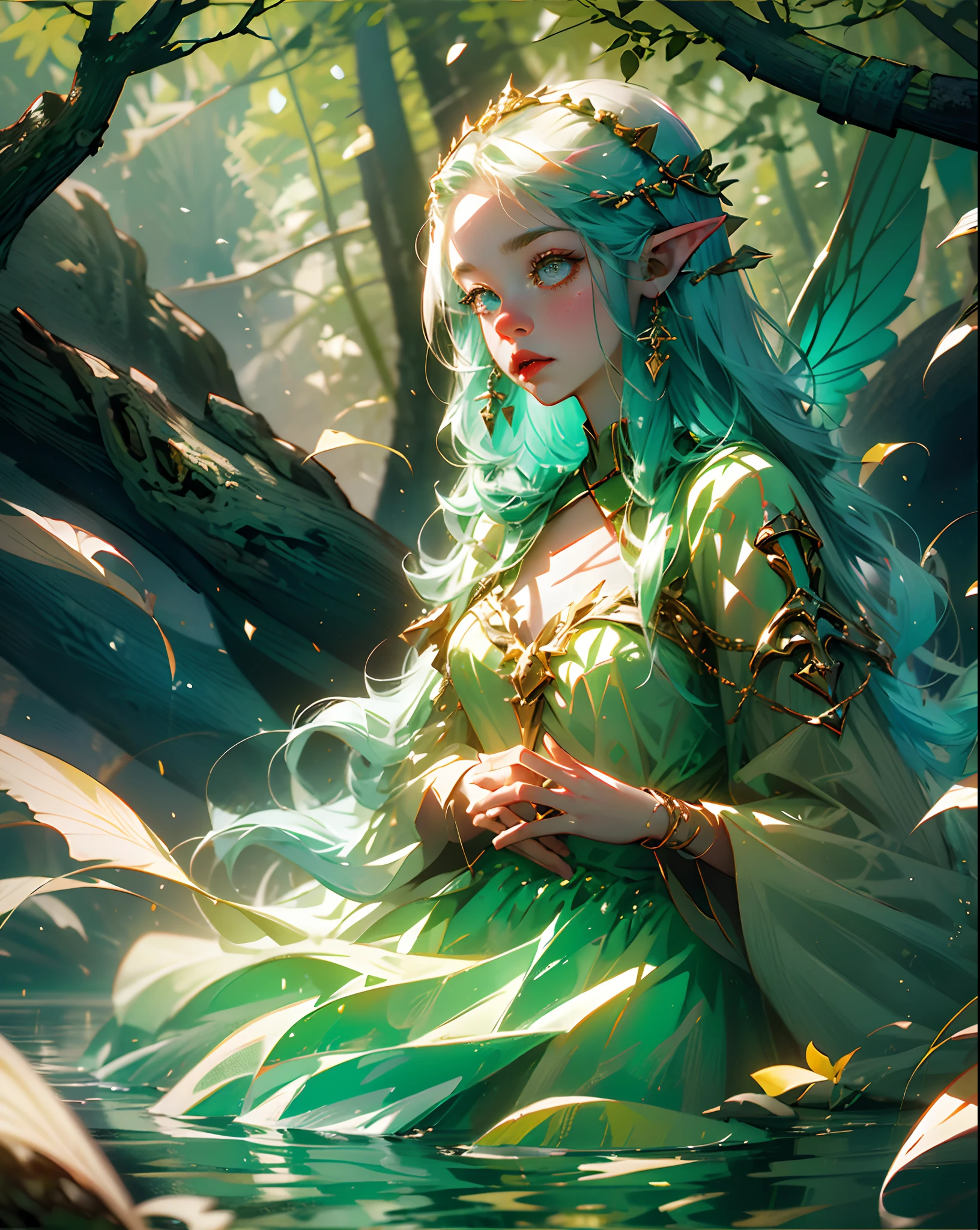 lord of the rings, elfs in the forest, stands in the lake , shiny colors, white shiny elf , she has wings, she holds a fairy , she calmly watching the fairy --auto --s2