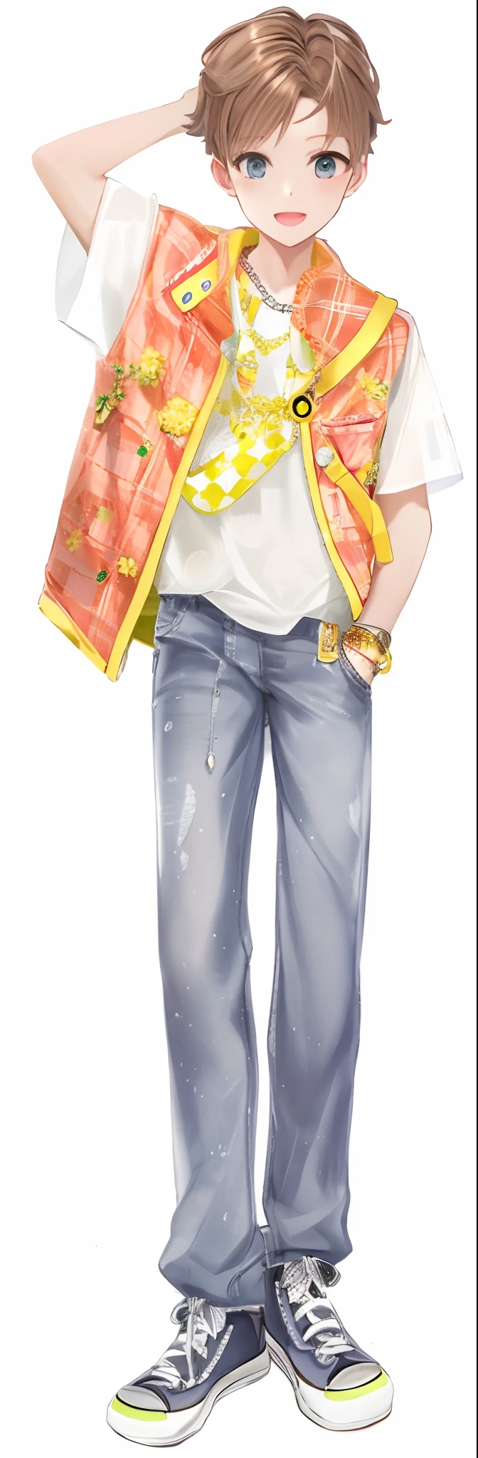 Pubic area is clear,filigree,denim pant ,Orange plaid coat