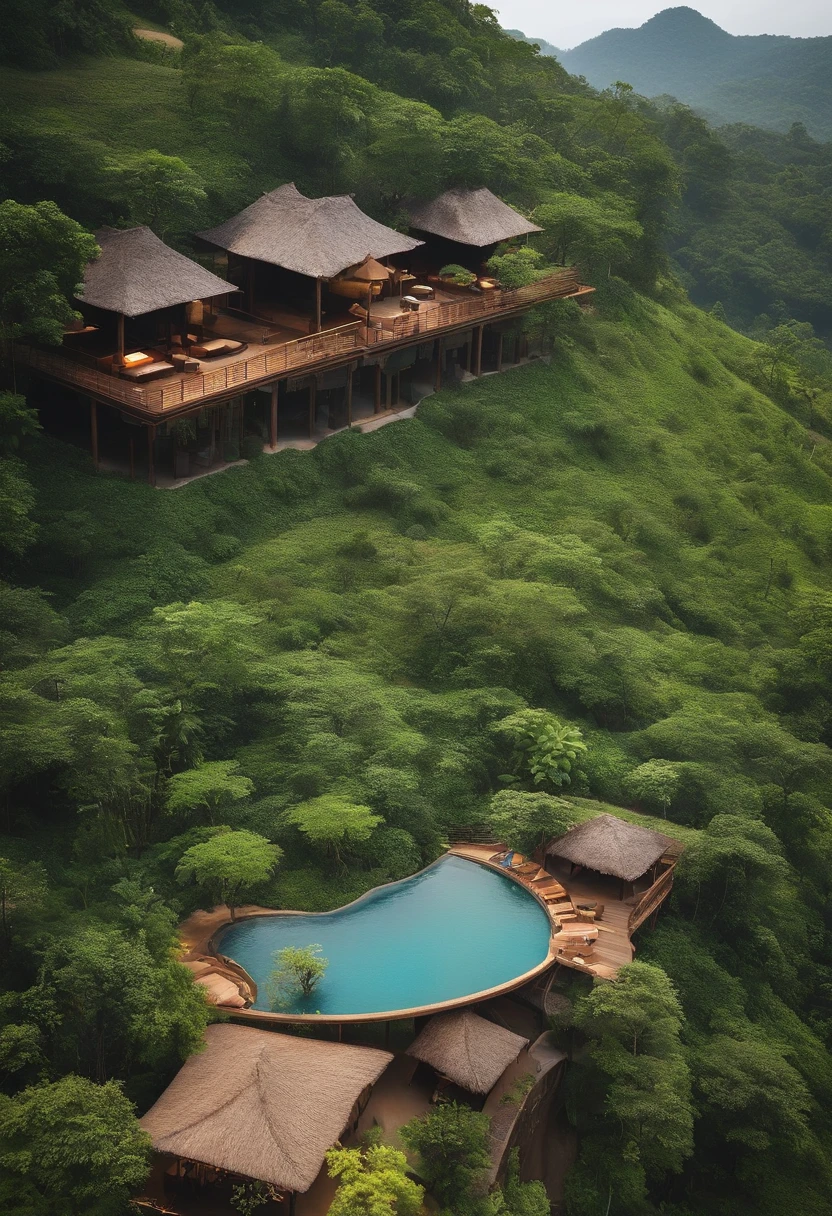 Resorts in Thailand that have everything covered. Both houses are made of raw clay bricks with grass roofs. There are activity zones including water parks and parks, and 2 electric trains with cute designs. A large waterfall can be seen from the entrance, and surrounding the resort is a forest producing oxygen. It is a village with a total of 1000 rai of land. Picture of the view from above. There is an atmosphere that is attractive to tourists from all over the world. It's not a mountain, it's a lowland, it's a bird's-eye view or a bird's-eye view.