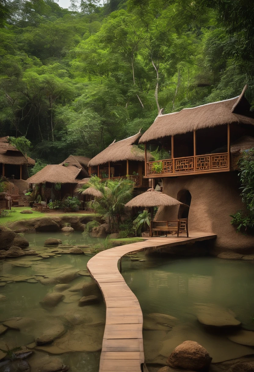 Resorts in Thailand that have everything covered. Both houses are made of raw clay bricks with grass roofs. There are activity zones including water parks and parks, and 2 electric trains with cute designs. A large waterfall can be seen from the entrance, and surrounding the resort is a forest producing oxygen. It is a village with a total of 1000 rai of land. Picture of the view from above. There is an atmosphere that is attractive to tourists from all over the world. It's not a mountain, it's a lowland, it's a bird's-eye view or a bird's-eye view.