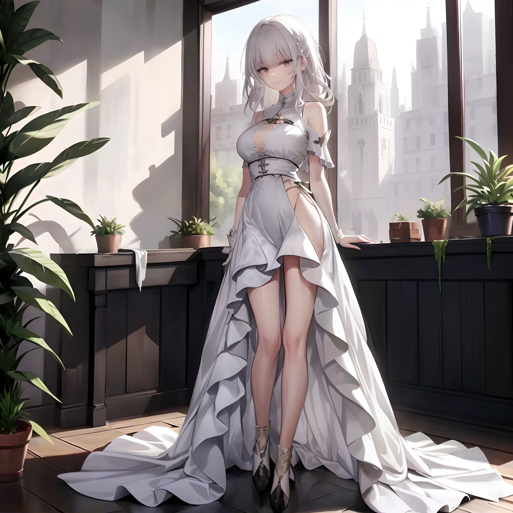 A woman in a dress is posing in front of a window - SeaArt AI