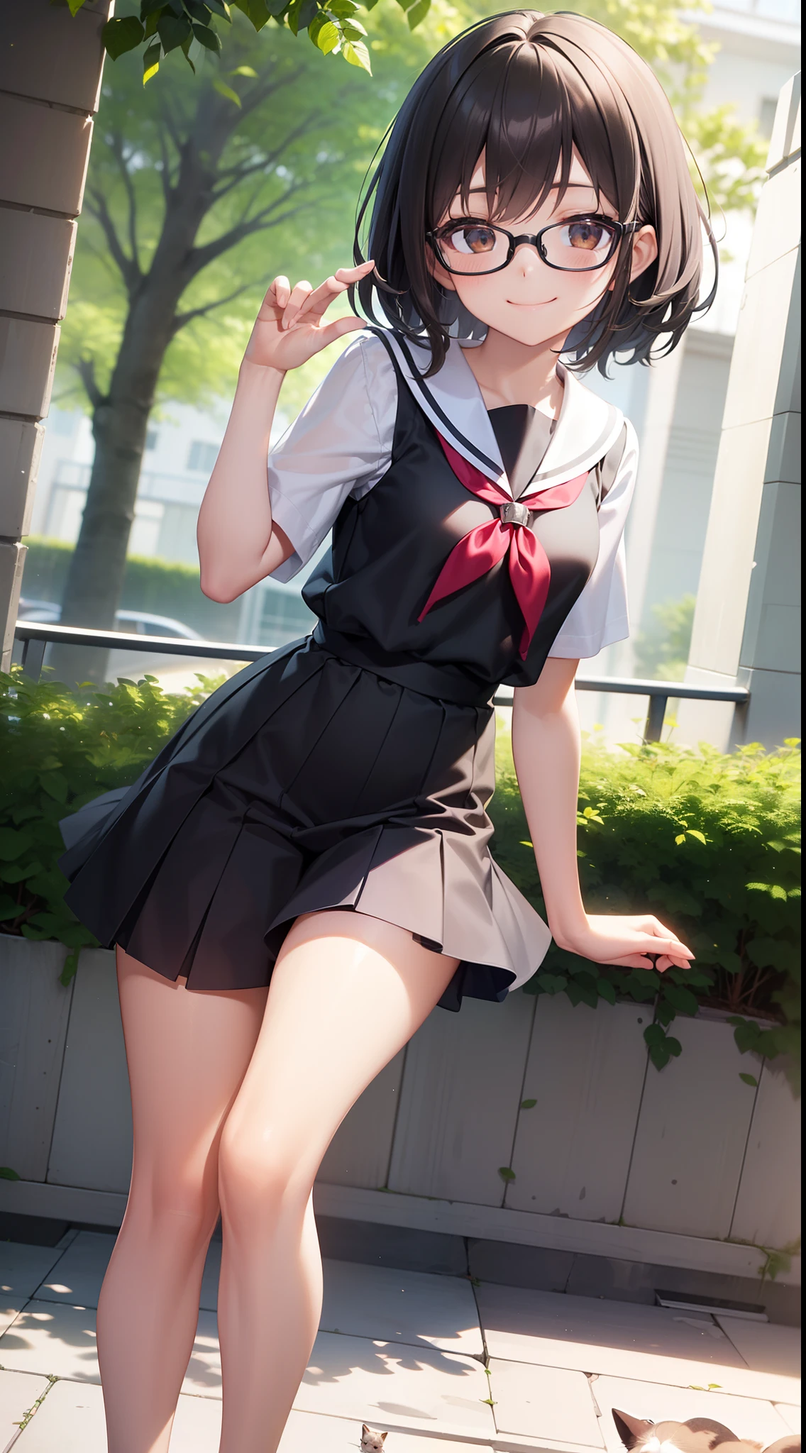 (masutepiece, Best Quality, Capture super cute moments, depth of fields, ultra-detailliert, Ultra High Resolution, C4D, Octadale, 3D Modeling, 8K, 16 K, one girls、a 、A dark-haired、short-hair、straight haired、Light brown eyes,hair adornments、wearing black glasses、A smile)、Cat Pose、a sailor suit