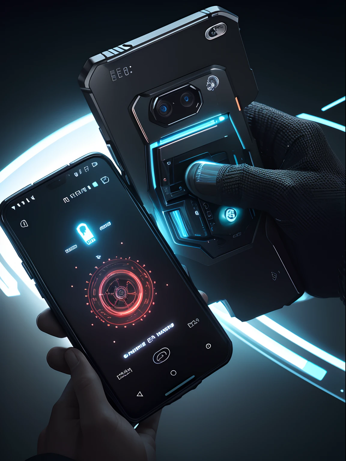 A smartphone with a sci-fi box, featuring mechanical elements. The smartphone is borderless and has a fullscreen display. It is equipped with UAD technology for enhanced functionality and performance. The material of the smartphone is sleek and futuristic, combining a mix of metal and glass. The device has a polished finish, giving it a premium and high-tech appearance. The mechanical features include rotating gears and moving parts, adding to the futuristic aesthetic. The display is vibrant and sharp, with vivid colors and deep blacks. The design is minimalistic yet futuristic, with clean lines and a seamless integration of the screen and the body. The smartphone is slim and lightweight, making it comfortable to hold and carry. It has advanced biometric authentication for secure access and seamless user experience. The lighting on the smartphone highlights its mechanical features and adds a sense of movement and futuristic ambiance. The overall image quality is of the best quality, with ultra-detailed rendering and a realistic portrayal of the smartphone's design. The color palette is futuristic, with metallic tones and vibrant accents. The prompt showcases the smartphone in a sci-fi context, emphasizing its mechanical features, borderless design, and fullscreen display.