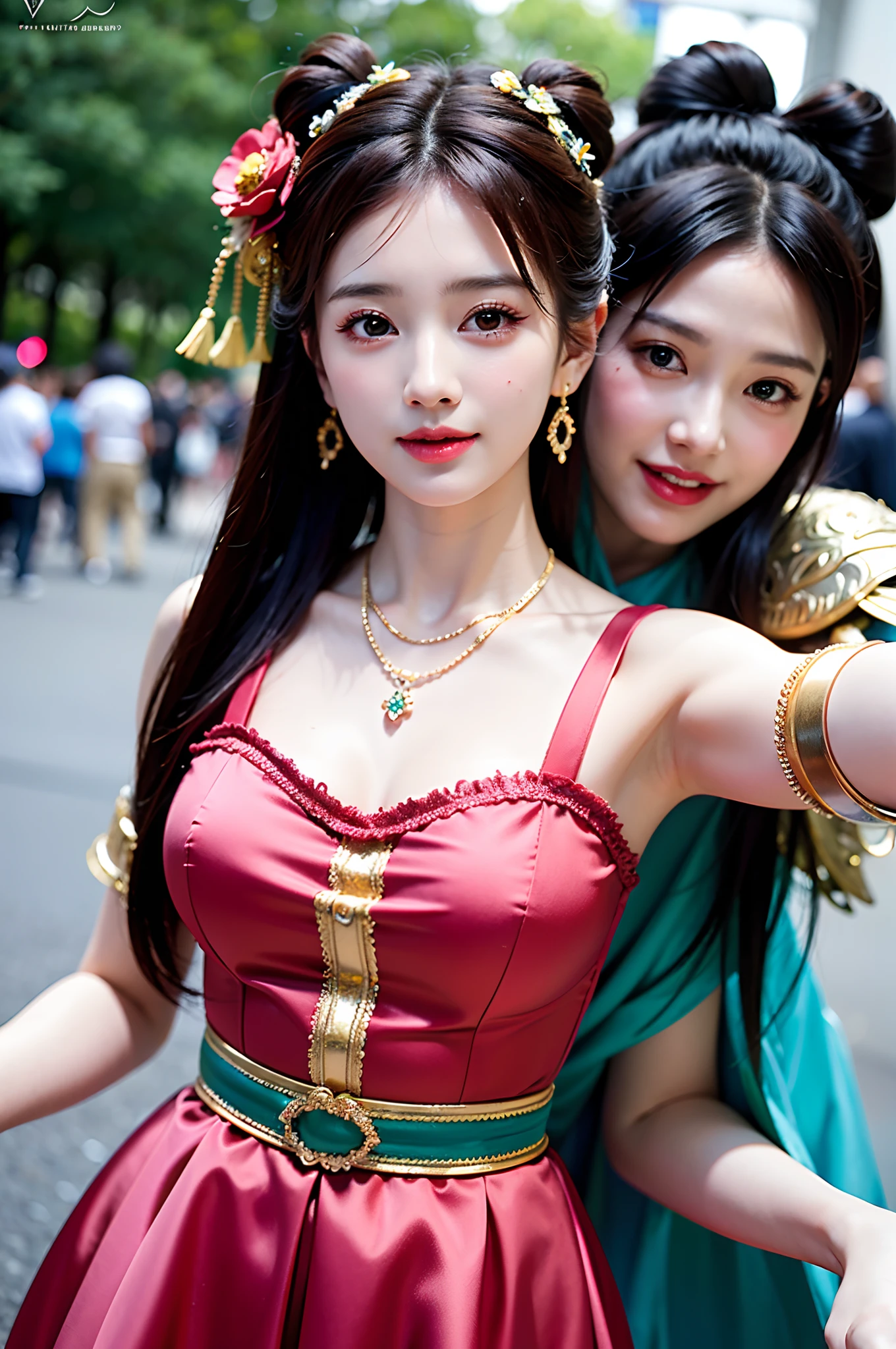(Photorealistic:1.6,RAW photograph),Best quality, Masterpiece, Extremely detailed, high resolution, 4K, 超高分辨率, Detailed shadows, Perfect light and shadow,duo, Two girls in trendy costumes taking selfies on the street, Fantasy world,colorful pigtail, anime cosplaying, Anime style mixed with Fujifilm, Cute, big laughter, , Sexy,(Alebriès Art Style),PureErosFace_V1,Urzang-6500-V1 Edition, Edition.1,Fantastic costumes,The princess's eyes widened,Dream necklace,Fantastic ribbons,Dream rings,Fantastic jewelry,Fantastic hair accessory,Dream belt,Studio light,