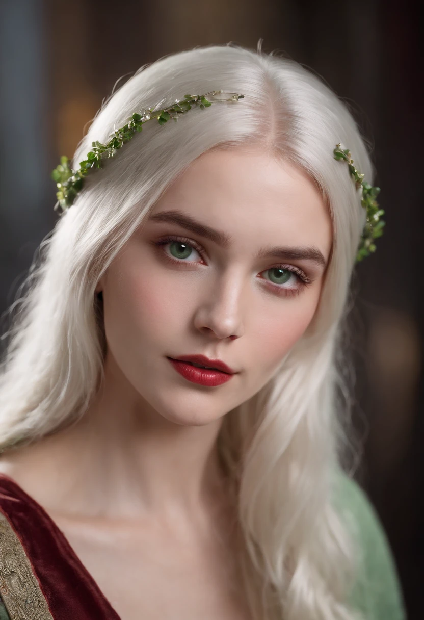 (((a deep reddish wound crosses her left cheek))) fair complexion, woman around 19 years old, natural white hair, distinctive green eyes, wearing kohl, slender and graceful, beautiful, candlelight in a medieval setting, ultra sharp focus, realistic shot, medieval female clothes, tetradic colors (scar:1.4)