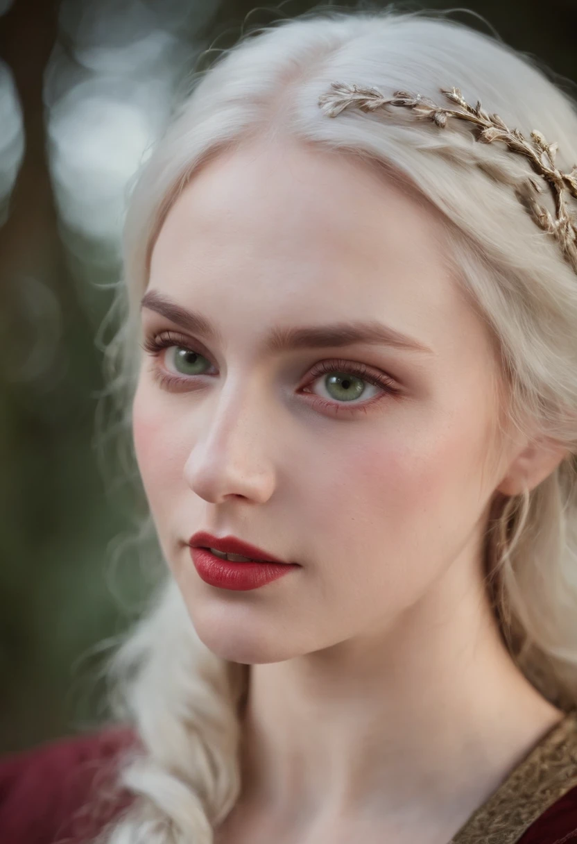 (((a deep reddish wound crosses her left cheek))) fair complexion, woman around 19 years old, natural white hair, distinctive green eyes, wearing kohl, slender and graceful, beautiful, candlelight in a medieval setting, ultra sharp focus, realistic shot, medieval female clothes, tetradic colors (scar:1.4)
