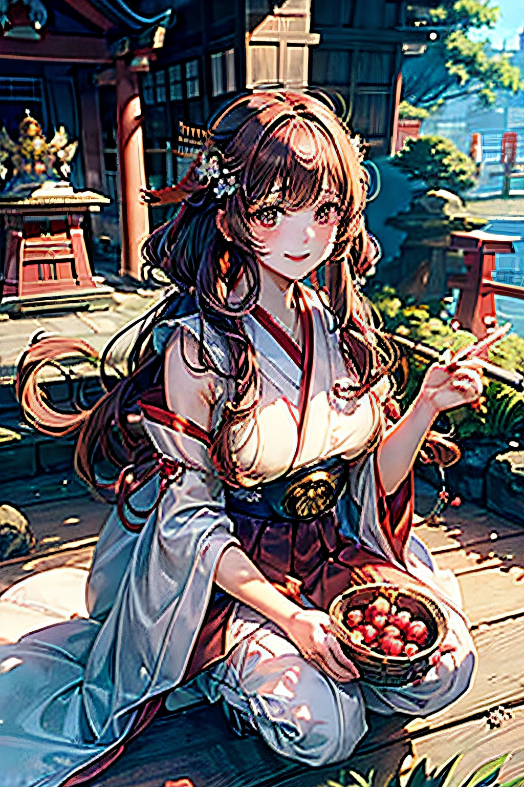 (​masterpiece、top-quality、ultra-detailliert、rays of sunshine、电影灯光)、(Japan Anime Cosplay、)、(Famous idol girls of Japan、)、(goddess of Japan、shrine maiden、white miko costume、Red Hakama、)、(dishevled hair、short hair of red-brown color、poneyTail、Cherry Blossom Hair Ornament、hair pin、)、Holding a broom、Look at viewers、A beautiful face that captivates the viewer、(Background of the precincts、)、Stand on the ground of pebbles、Floating hair、bending forward、large full breasts、Beautiful breast slip、Shiny skin、the wind、beautifull hands、Beautiful Finger、An elaborate masterpiece、Intricate details、A detailed face、detailed hairs、Detailed red mouth、Detailed red cheeks、Smile of shame、