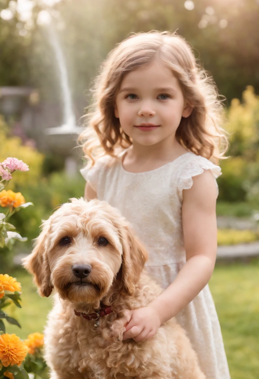 Sweet ,((medium close-up)), and Labradoodles in the garden, There are flowers, There are fountains,