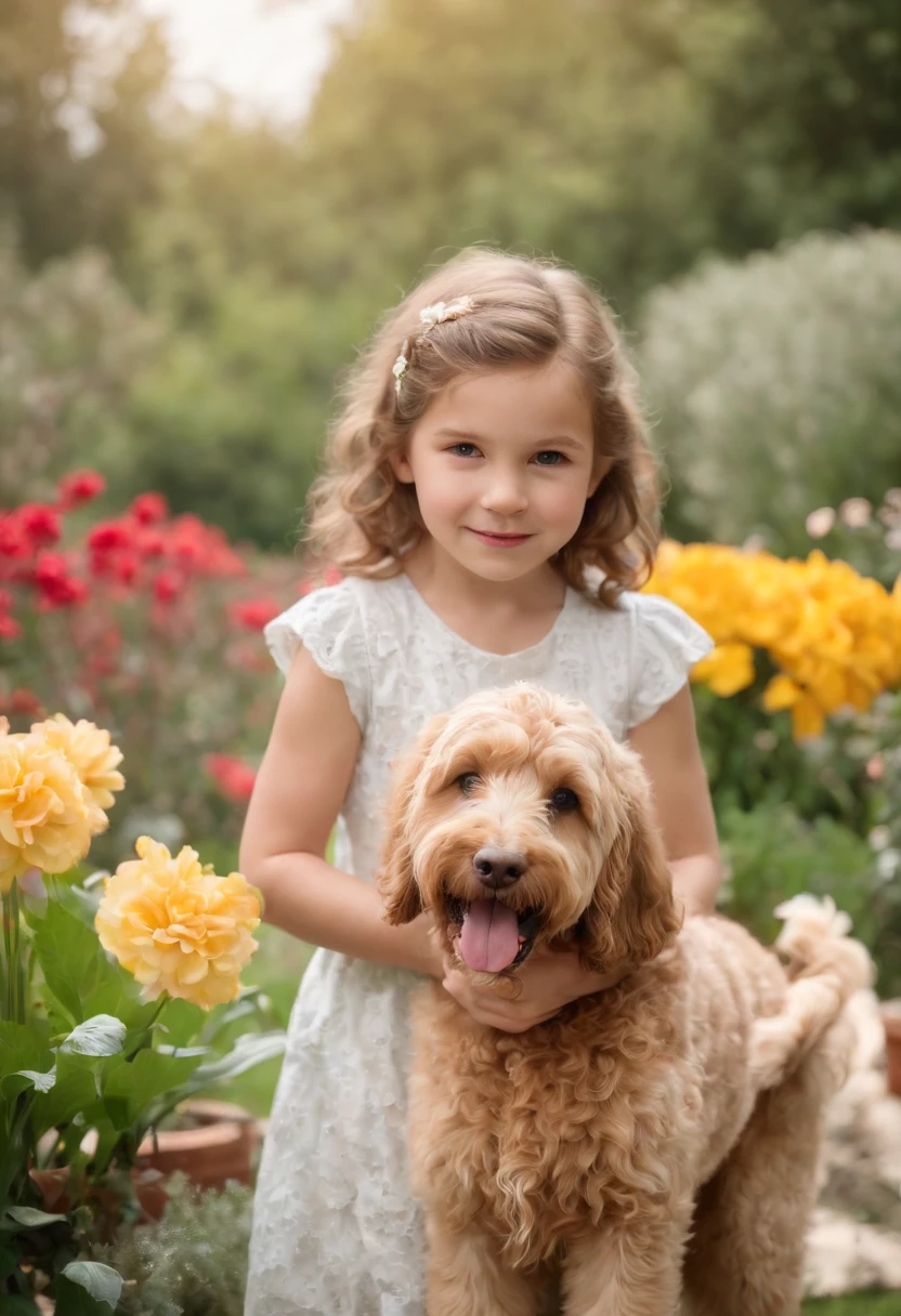 Sweet ,(upper body), and Labradoodles in the garden, There are flowers, There are fountains,