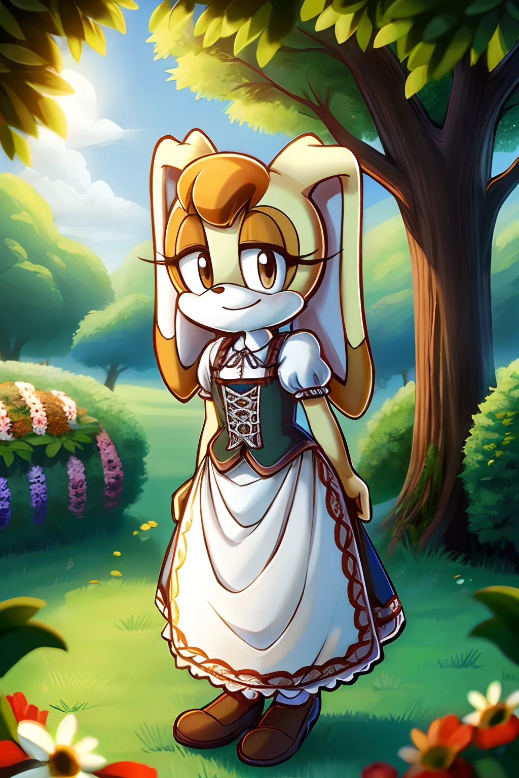 Traditional german dress, dirndl, traditional bavarian attire, tranquil garden, solitary girl, Vanilla the rabbit, adorable face, cute expression, perfect anatomy, beautiful scenery, detailed face.