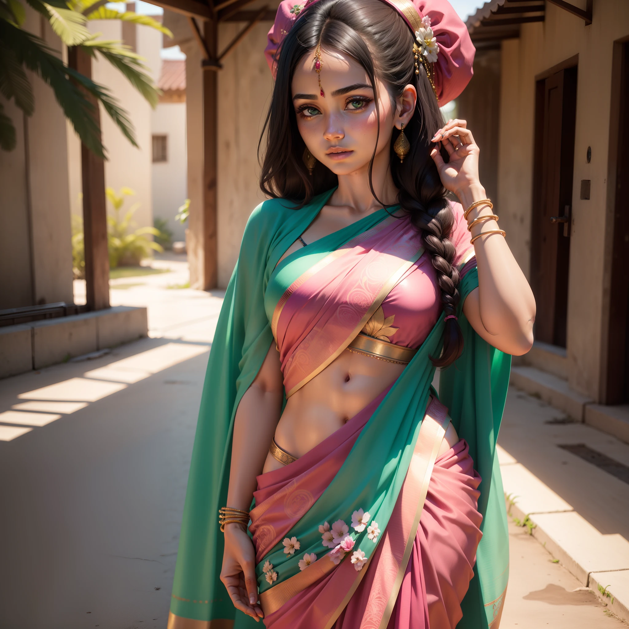 there is a woman with a pink top and a green and pink sari, with lovely look, assamese aesthetic, with accurate face, traditional beauty, beuatiful face, candid picture, tiktok video, with beautiful colors, indian, with cute - fine - face, attractive girl, beautiful cute,Best quality, 8k, 32k, perfect body, ultra detailed face, , detailed eyes, realistic face, ultra realistic,