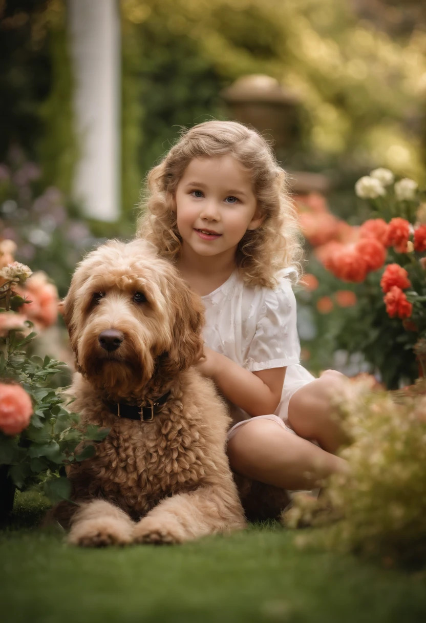 Sweet , and Labradoodles in the garden, There are flowers, There are fountains,medium long shot