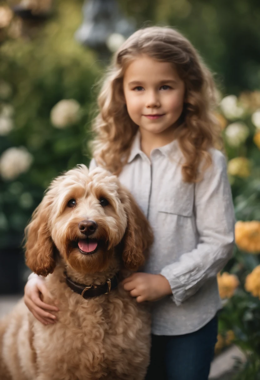 Sweet ,(upper body), and Labradoodles in the garden, There are flowers, There are fountains,