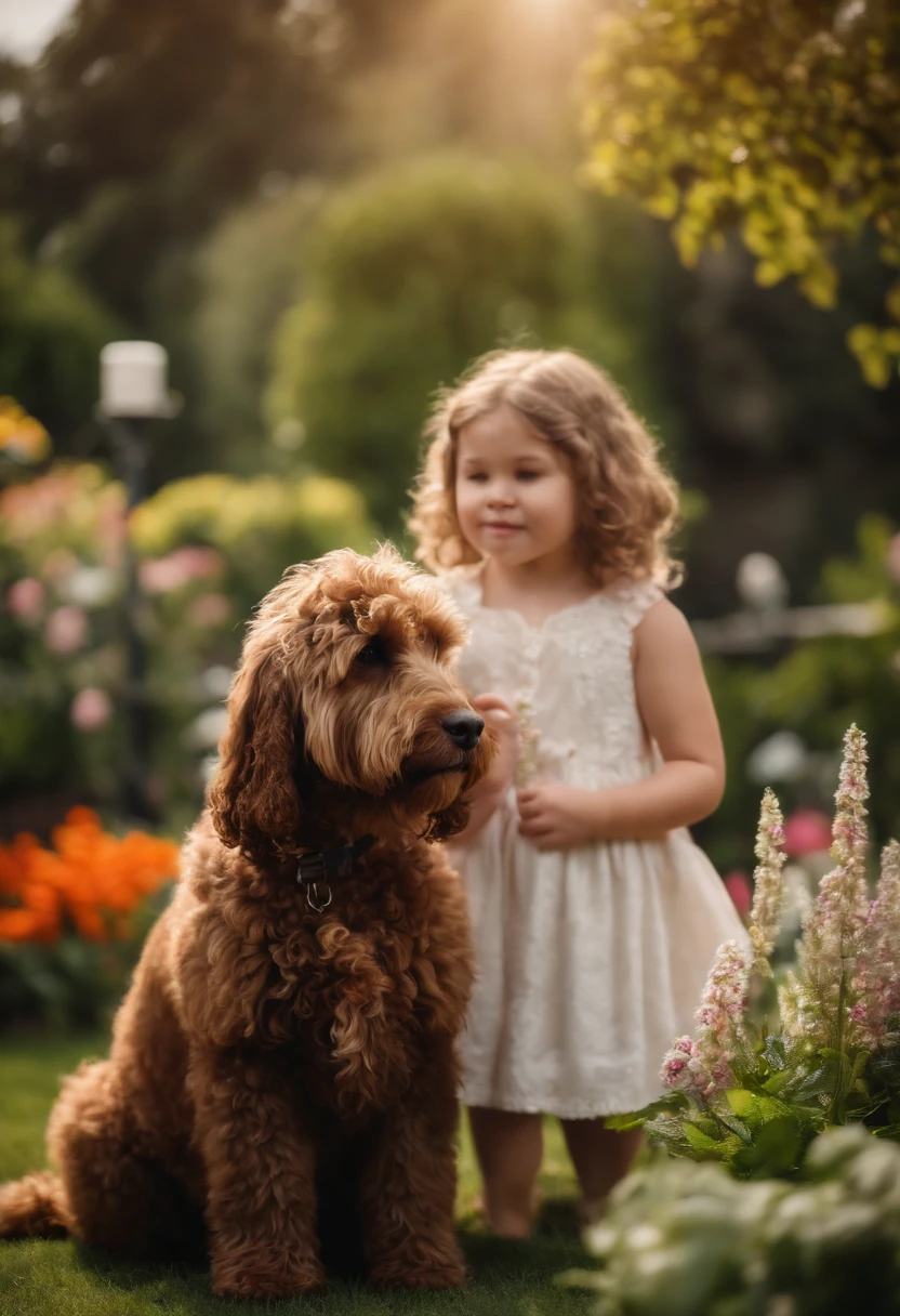 , and Labradoodles in the garden, There are flowers, There are fountains,medium long shot