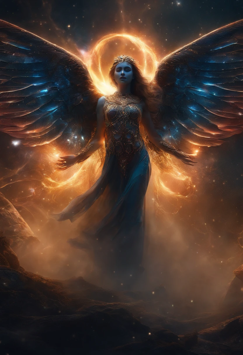 Fallen Angels of the Universe, glowing light eyes, biomechanical, eery, creepy, nightmarish, Very bright colors, light Particle, with light glowing, Musif, Wallpaper Art, UHD Wallpapers