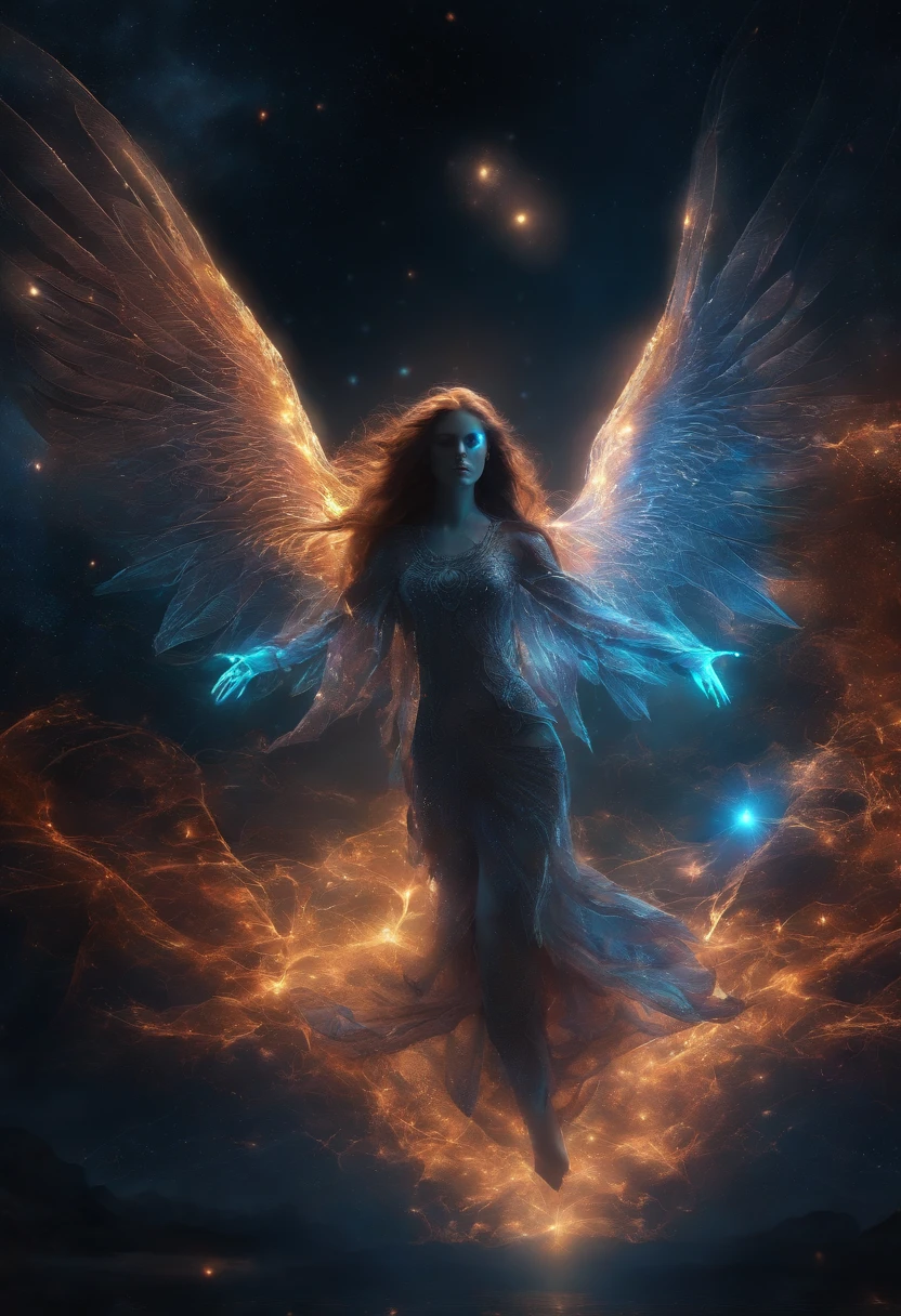 Fallen Angels of the Universe, glowing light eyes, biomechanical, eery, creepy, nightmarish, Very bright colors, light Particle, with light glowing, Musif, Wallpaper Art, UHD Wallpapers