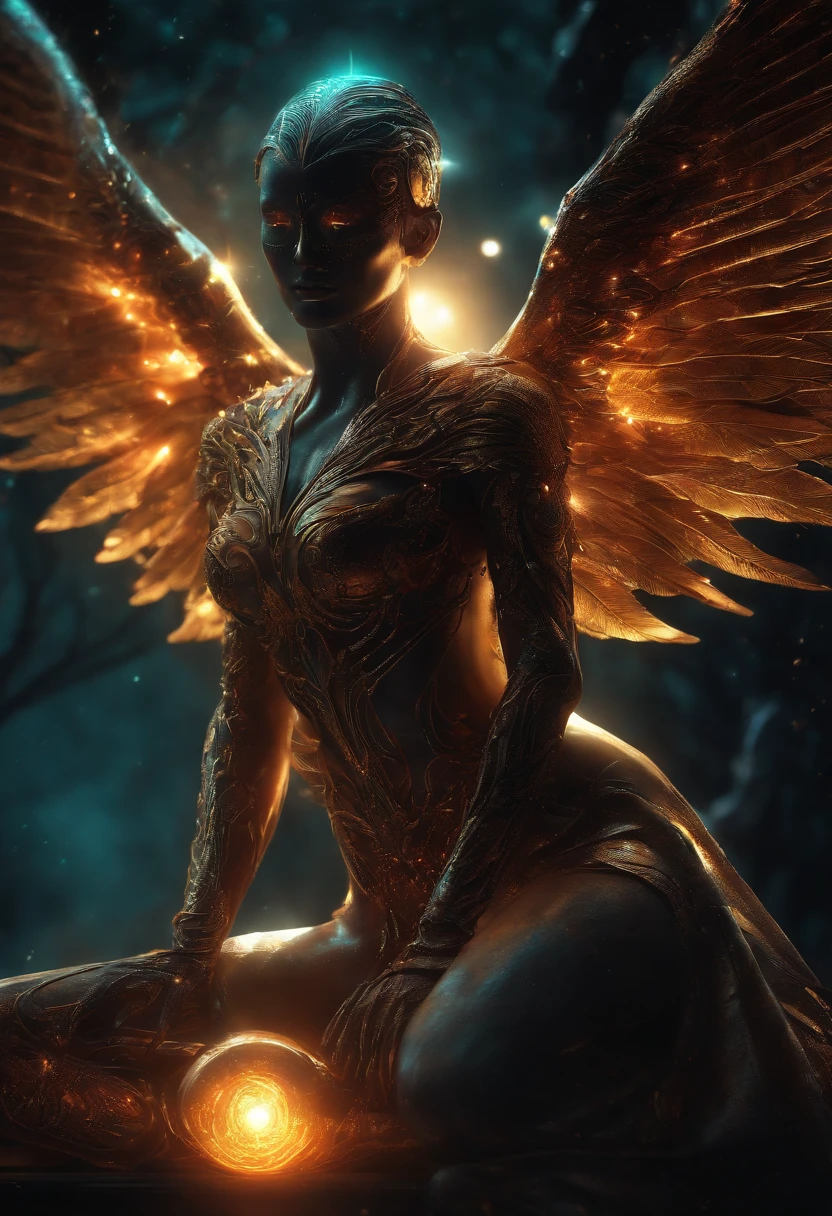 Fallen Angels of the Universe, glowing light eyes, biomechanical, eery, creepy, nightmarish, Very bright colors, light Particle, with light glowing, Musif, Wallpaper Art, UHD Wallpapers