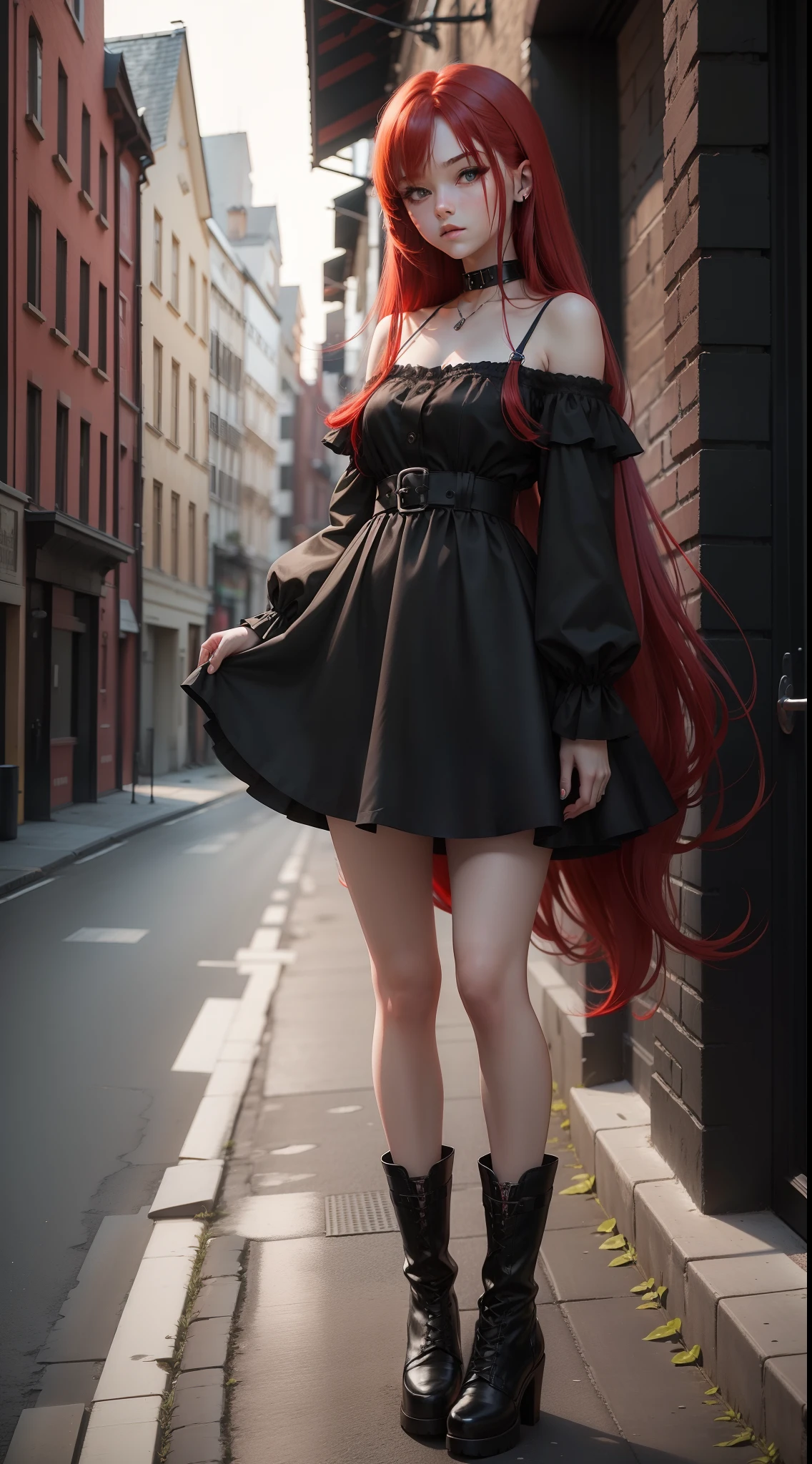 A redhead emo girl with long flowing hair, in a short black summer dress with red highlights and high black boots, full body