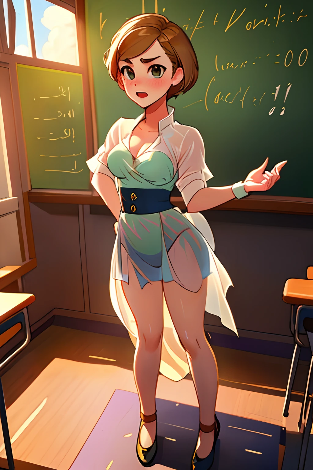 (Emma Watson as a high school teacher standing in front of the class answering questions from her students), classroom, (((uncertain arousal))), perfect facial details, pixie cut, big breasts, fertile, ((see through)), sexy light, the students are dominant, full body view