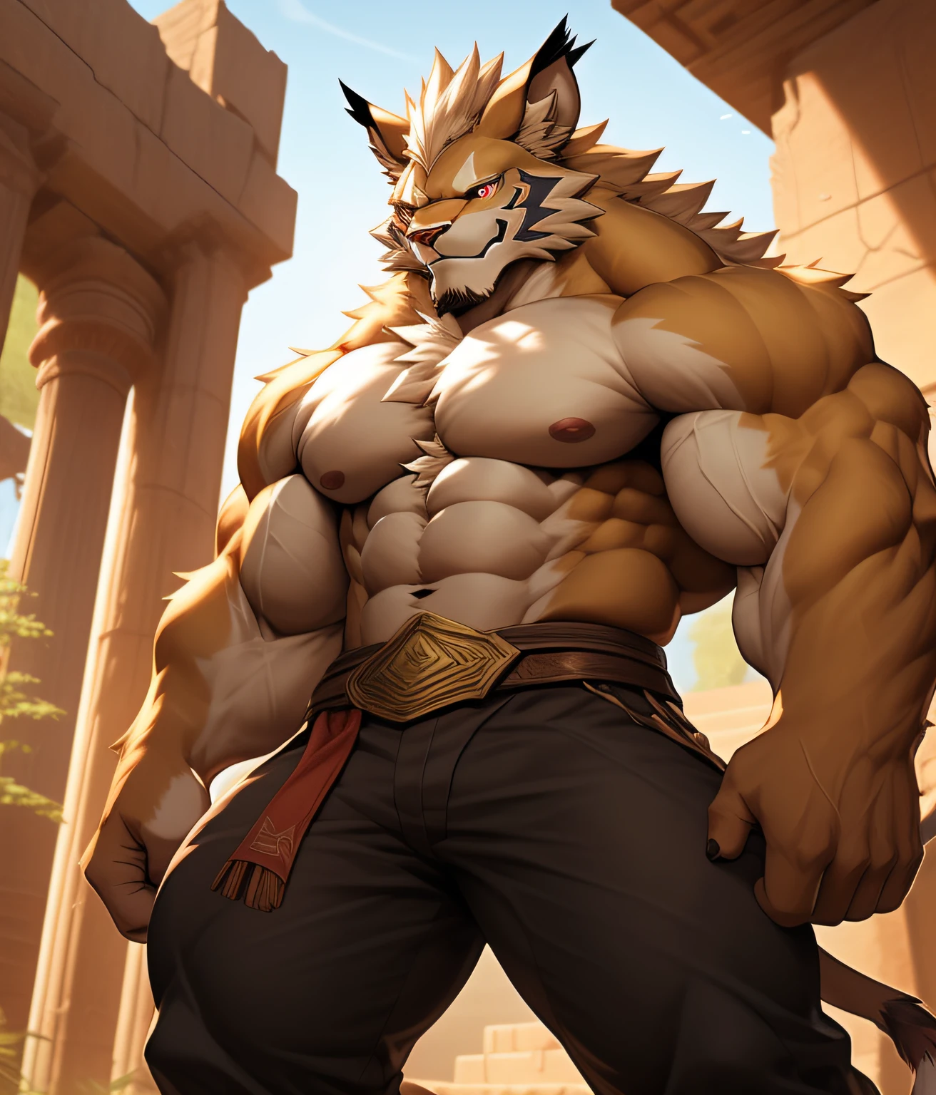 nj5furry, (Leomon, massive, huge), Leomon, ((extremely realistic shadows, masterpiece, extremely detailed, photorealistic)), kemono, the fur on his torso and thighs is the same color as the fur on his back, (((LIGHT BROWN FUR))) Leomon, ((detailed face)) red nose, red eyes, ((detailed eyes)), tan skin, tan fur, tan hair, height 3 meters high, the optimal height, tight clothing, body full of muscles; muscle pecs, ripped abs, V-shaped body, thick waist, long legs, strong arms manly, handsome face, attractive cool calm face type with a cold smile, topless. Ruins of a Jedi temple behind him; wears a ery tight dark brown Jedi style pants revealing huge muscular thighs and a light brown cloth belt.