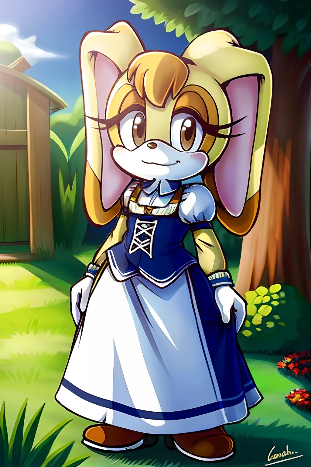 Traditional german dress, dirndl, traditional bavarian attire, tranquil garden, solitary girl, Vanilla the rabbit, adorable face, cute expression, perfect anatomy, beautiful scenery, detailed face.