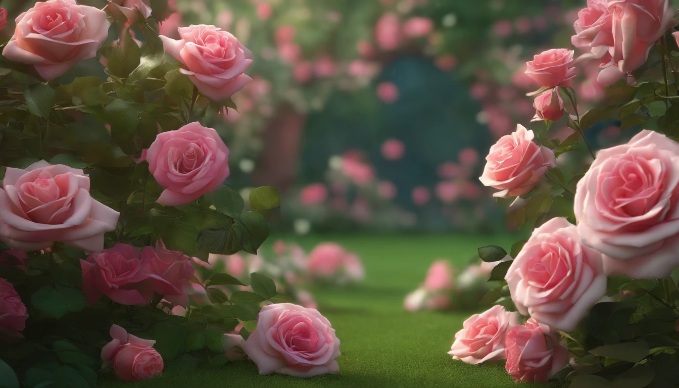 Secret Garden Flowers, A bush of pink roses (masterpiece:1.6, best quality), (extremely detailed CG unity 8k wallpaper, masterpiece , super detailed, best shadows), (detailed background), green grass, sun (best lighting, extremely delicate and beautiful), ((color paint splatter on transparent background, Dulux,)), ((caustics) wonderland style, fantasy, beautiful, perfect composition, beautiful detailed, octane render, highly detailed, heart of roses