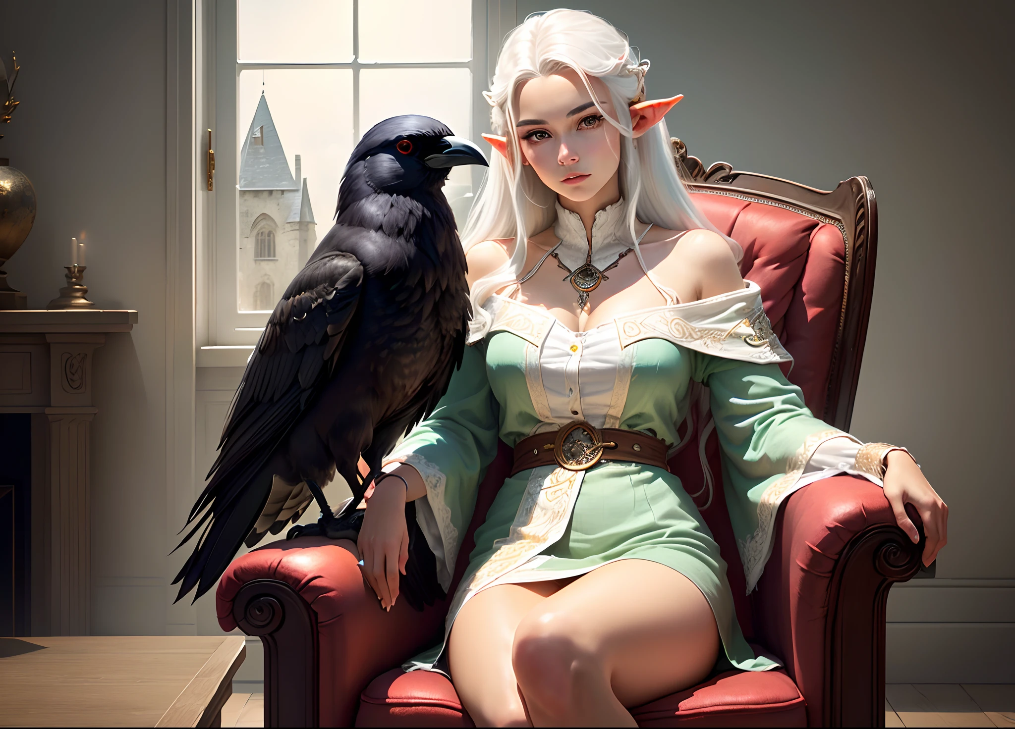 A high elf with white hair sits in a Kadilau chair in the background，She was holding a Soniste crow ，gloomy castle，solid color backdrop，clean backdrop，depth of fields，high light，Real light，Ray traching，OC renderer，UE5 renderer，Hyper-realistic，best qualtiy，8K，Works of masters，super-fine，Detailed pubic hair，Correct anatomy，