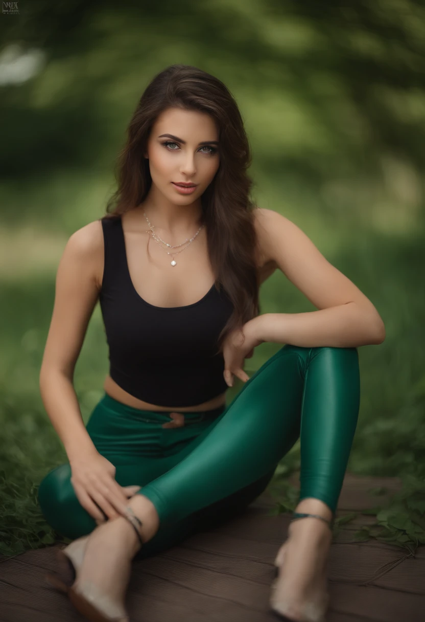 Arafed woman with white tank top and necklace, Sexy girl with green eyes, portrait sophie mudd, brown hair and big eyes, Selfie einer jungen Frau, Augen im Schlafzimmer, Violet Myers, ohne Make-up, Natural makeup, Blick direkt in die Kamera, Gesicht mit Artgram, dezentes Make-up, Stunning full body shot, piercing green eyes, Nice angle, attraktive Pose, Cute girl, sexy Pose, Full body image, full entire body, full body shoot, brunette goddess, Hohe Detailgenauigkeit, Zufriedene Pose, Lederhose