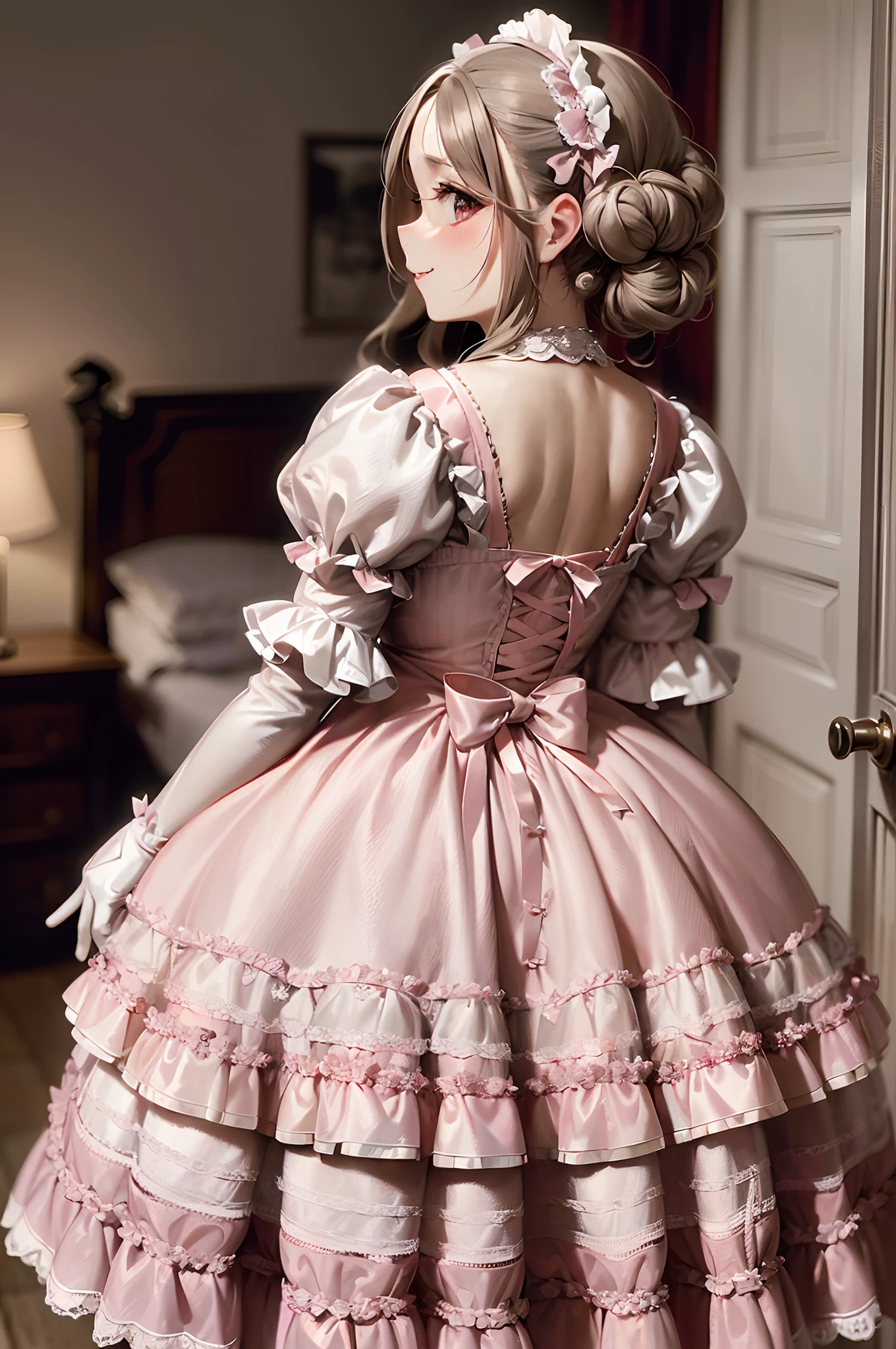 1girll, Photo, Masterpiece, Bedroom Gothic Gothic interior sweet lolita, silver curly hair, Pink dress fabric, Heart shape on cheeks, Blush pink makeup, mitts, Smile, Pastel color, opulent, Broderry, Holding a stuffed teddy bear, Bokeh,  Back view, From behind,