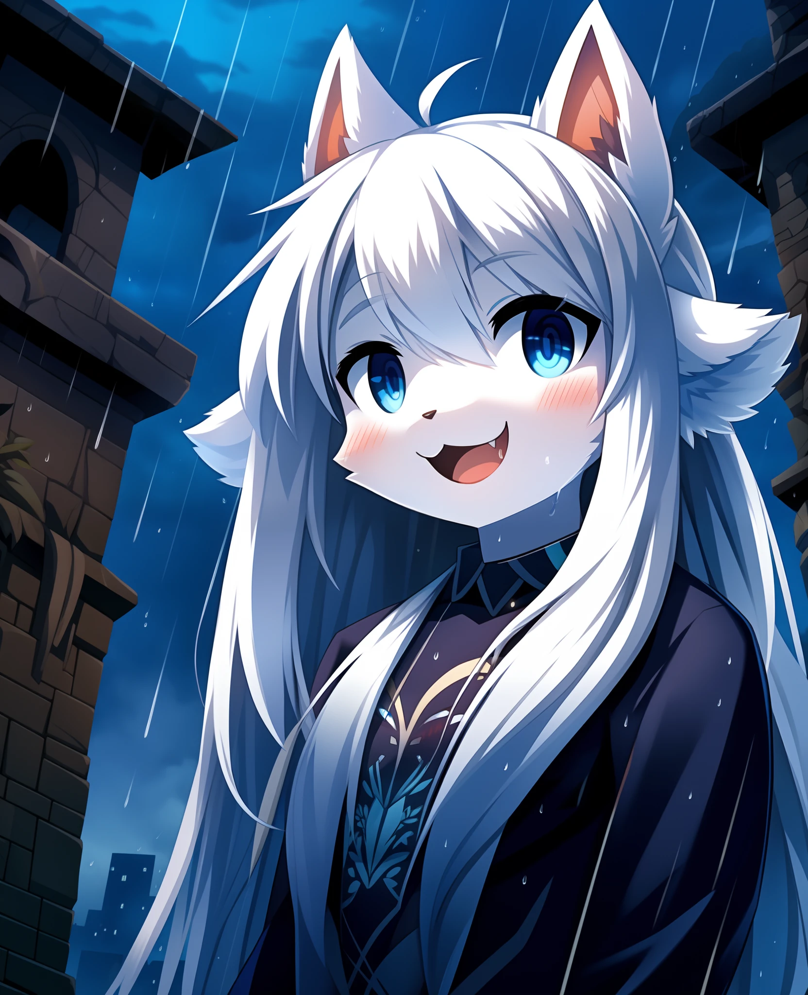 Cat Girl，was hairy，shaggy，Skin fur，White fur，Forelimb hands，hair splayed out，White ears，White face fur，White hair, hair splayed out, Shiny hair，Long hair，Hairline, low twintails，Blue eyes，Super cute face，happy, full-face blush, smiley，Empty eyes， Fangs，daggers，bat hair ornament，White dress，Ambient light，Ultra-fine fur，Volumetric eye, bangs, light and darkcontrast, ultra high def, 巨作, Super detail，Ruins background，crow，Night，starry light，Under the rain，In the rain，Drizzle，Wet with rain，rainy outside，High quality, ultra high def, high resolucion, Anatomically correct