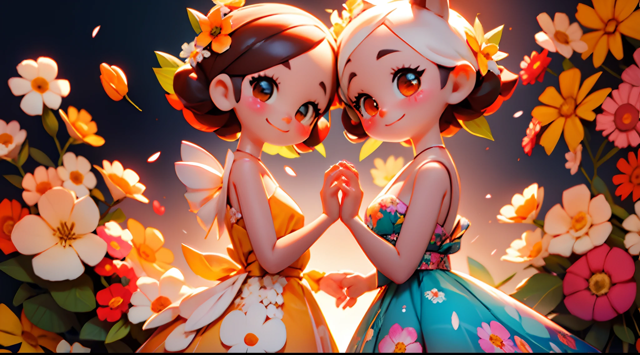 photoRealstic、Two dolls standing in front of the painting(nendroid)、A smile、Water droplets on the cheeks、Two people put their hands together to make a heart in a cute pose、watercolor Nendoroid、(High Definition Figure)、Flowing iridescent silk、up of face、Eye Up、Colorcon with heart pattern、Floral dress、There are also flowers in front of the nendroids、flower petals、season!!: 夏天☀ 🍂