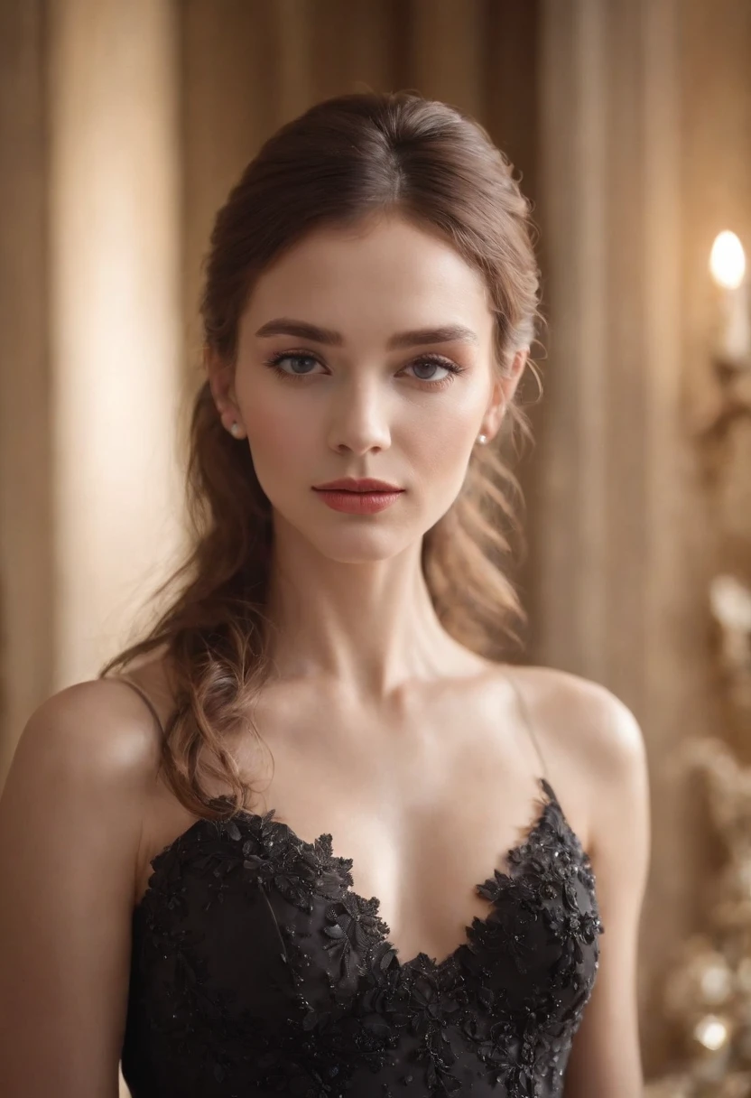 The sexiest beautiful beauty in the world, ellegance, (pearls necklace),(black color dress), (Gown), (Pearl earring), Cinematic texture, Best quality, Movie poster, Soft lighting, Warm colors,in the style of uhd image, wollensak 127mm f/4.7 ektar,medium close-up