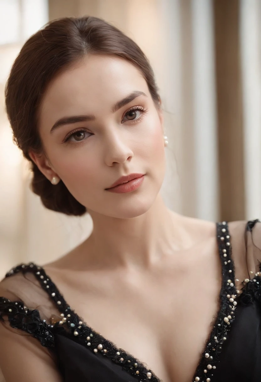 The sexiest beautiful beauty in the world, ellegance, (pearls necklace),(black color dress), (Gown), (Pearl earring), Cinematic texture, Best quality, Movie poster, Soft lighting, Warm colors,in the style of uhd image, wollensak 127mm f/4.7 ektar,medium close-up