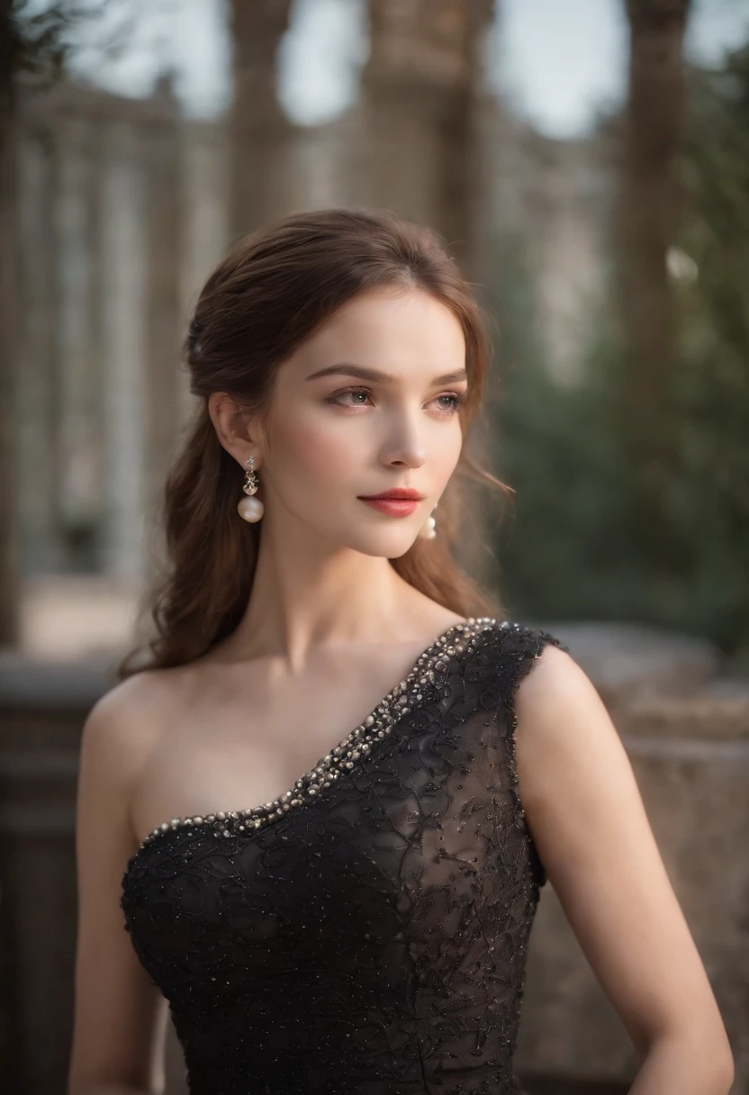 The sexiest beautiful beauty in the world, ellegance, (pearls necklace)，(black color dress), (Gown), (Pearl earring), Cinematic texture, Best quality, Movie poster, Soft lighting, Warm colors,in the style of uhd image, wollensak 127mm f/4.7 ektar，medium close-up