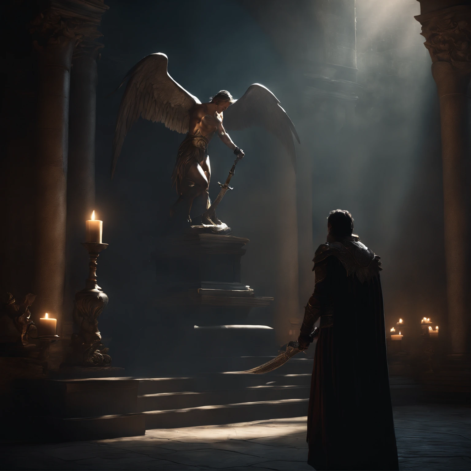Best quality, Masterpiece, 超高分辨率, (photograph realistic:1.4),surrealism, Dream-like,fusionart, Shadowdancer, shadow magic, darkness control, arafed image of a male angel with a sword and a demon, epic fantasy digital art, Unreal Engine fantasy art, guildwar artwork, 4K fantasy art, Epic fantasy art style HD, fantasy epic digital art, Shadows. alta fantasia, epic fantasy game art, epic fantasy artwork, medieval fantasy game art, loadscreen”, 8K fantasy art , ultra-realistic, hyper-realistic, ultra-detailed, hyper-detailed
