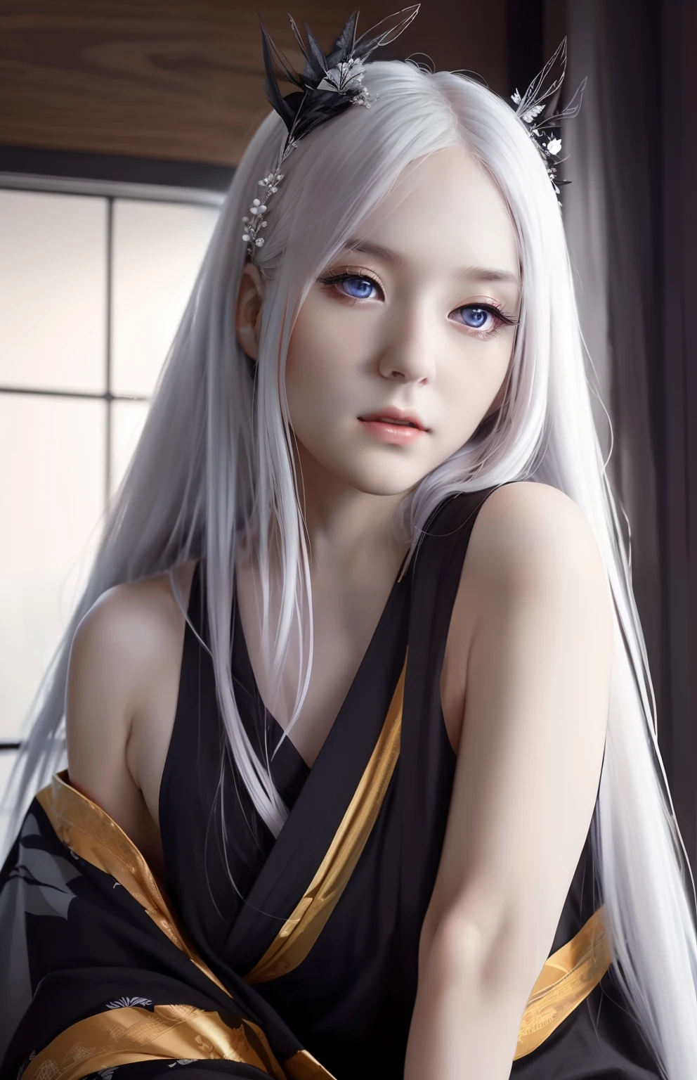 Kaguya otsutsuki. A woman was sitting in a room. She was seen wearing a black kimono. Purple. With a gold line. Yang wisdom. She looks like she has silver hair. Straight up. Unraveling. Very long. And not tied. He also has a pair of brown horns. His skin was so pale white. He looked into the camera. So pretty. Tempting. And realistic.