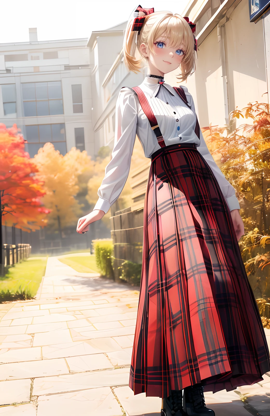 absurderes, ultra-detailliert,bright colour, extremely beautiful detailed anime face and eyes,;D,(White open collar shirt:1.3),shiny_skin,25 years old, Short hair, , asymmetrical bangs, Blonde hair with short twin tails, Shiny hair, Delicate beautiful face, red blush、(Deep Blue Eyes:1.3), White skin, hair clips, Maple Forest、(looking distantly:1.3)、(Red and black plaid long skirt:1.5), Happy smile、I closed one eye、Slender body、(Blue sky in autumn:1.2)、(sun light)、a choker、(Dr. Martens:1.3),(Full body:1.4)、wrist watch